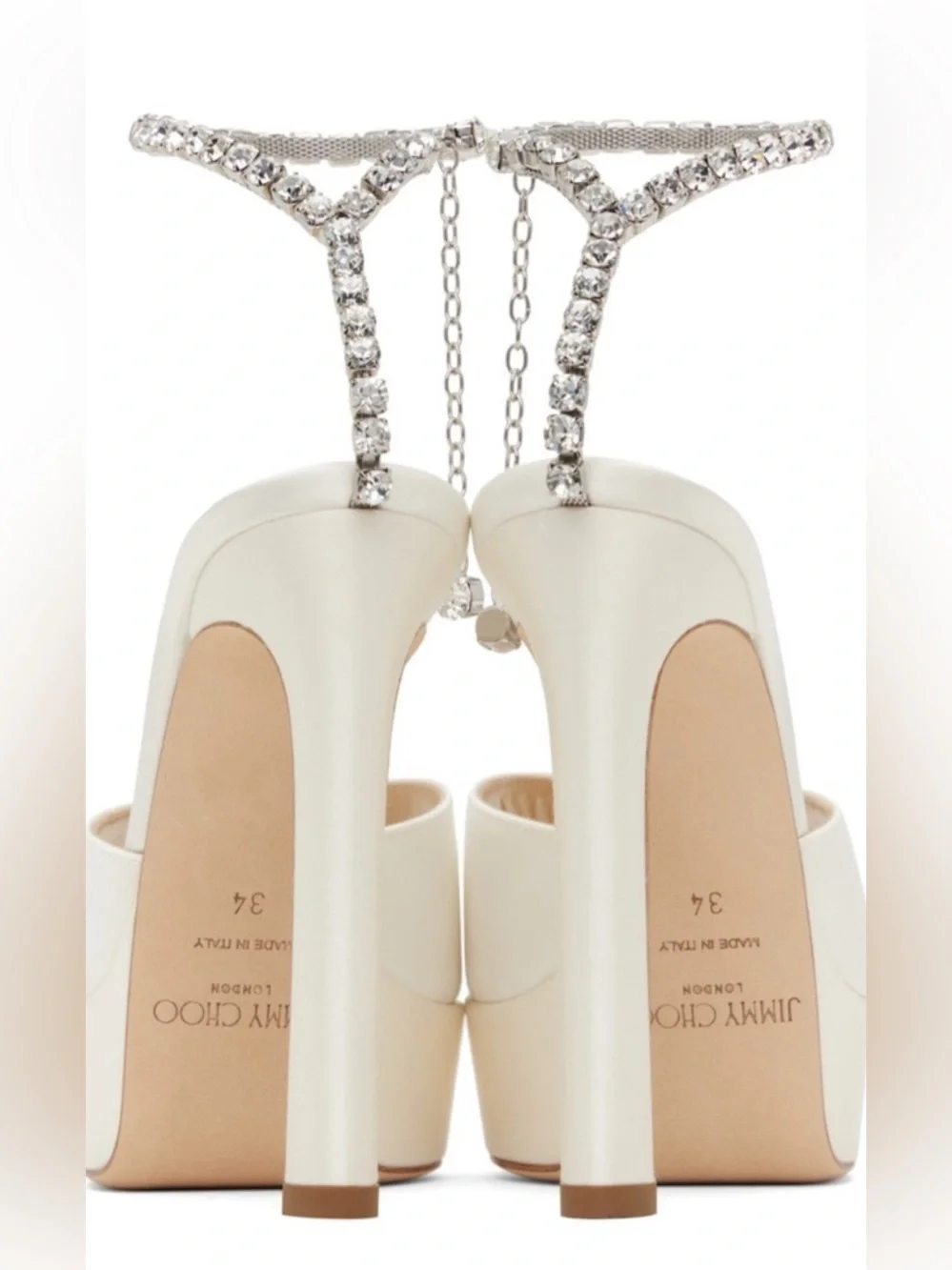 Jimmy Choo White Platform High Heel Sandals with Rhinestone Ankle Chain